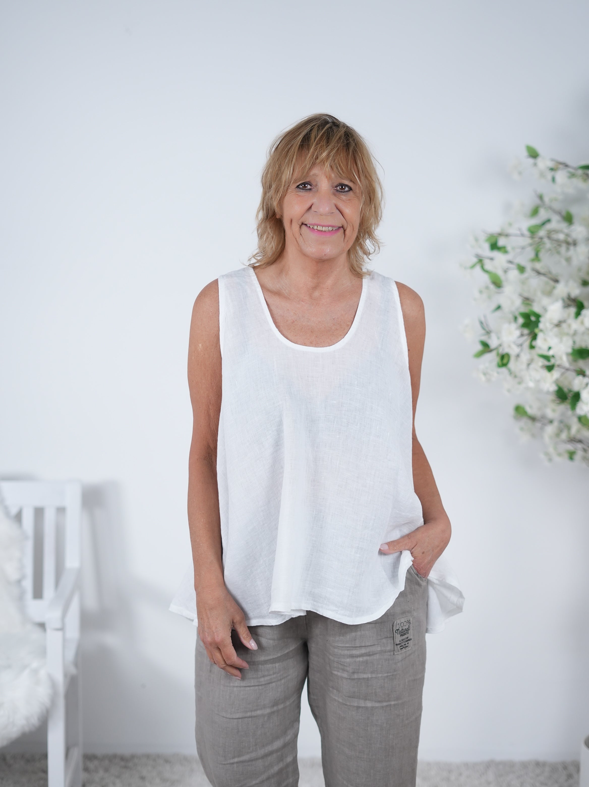 leichtes Leinen Top mit Rundhalsausschnitt Einheitsgröße (ca Gr. 40 "oversize"-44) Weiß