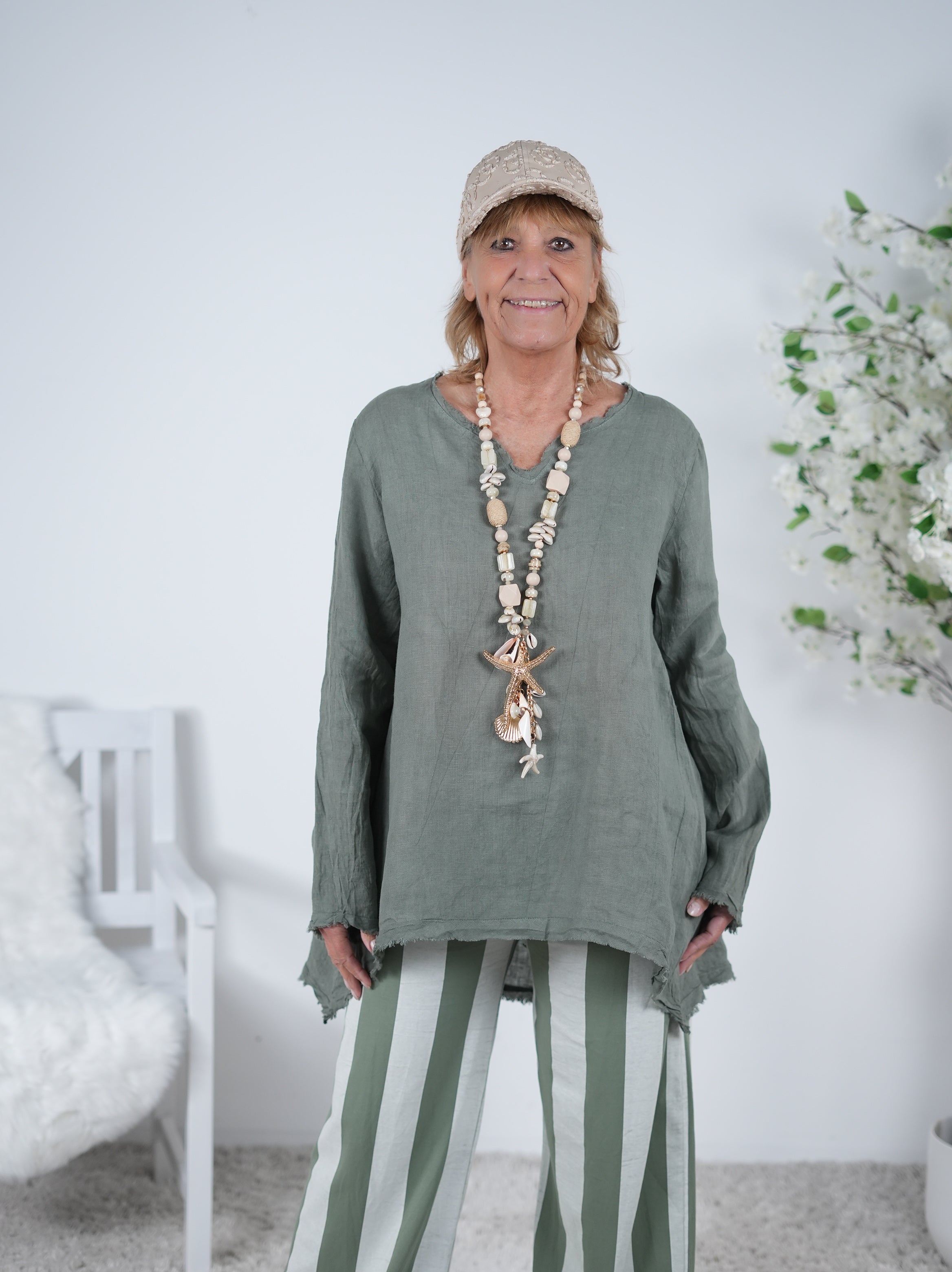 Leinen Bluse, langarm Einheitsgröße (ca Gr. 38 "oversize"-44) Olive