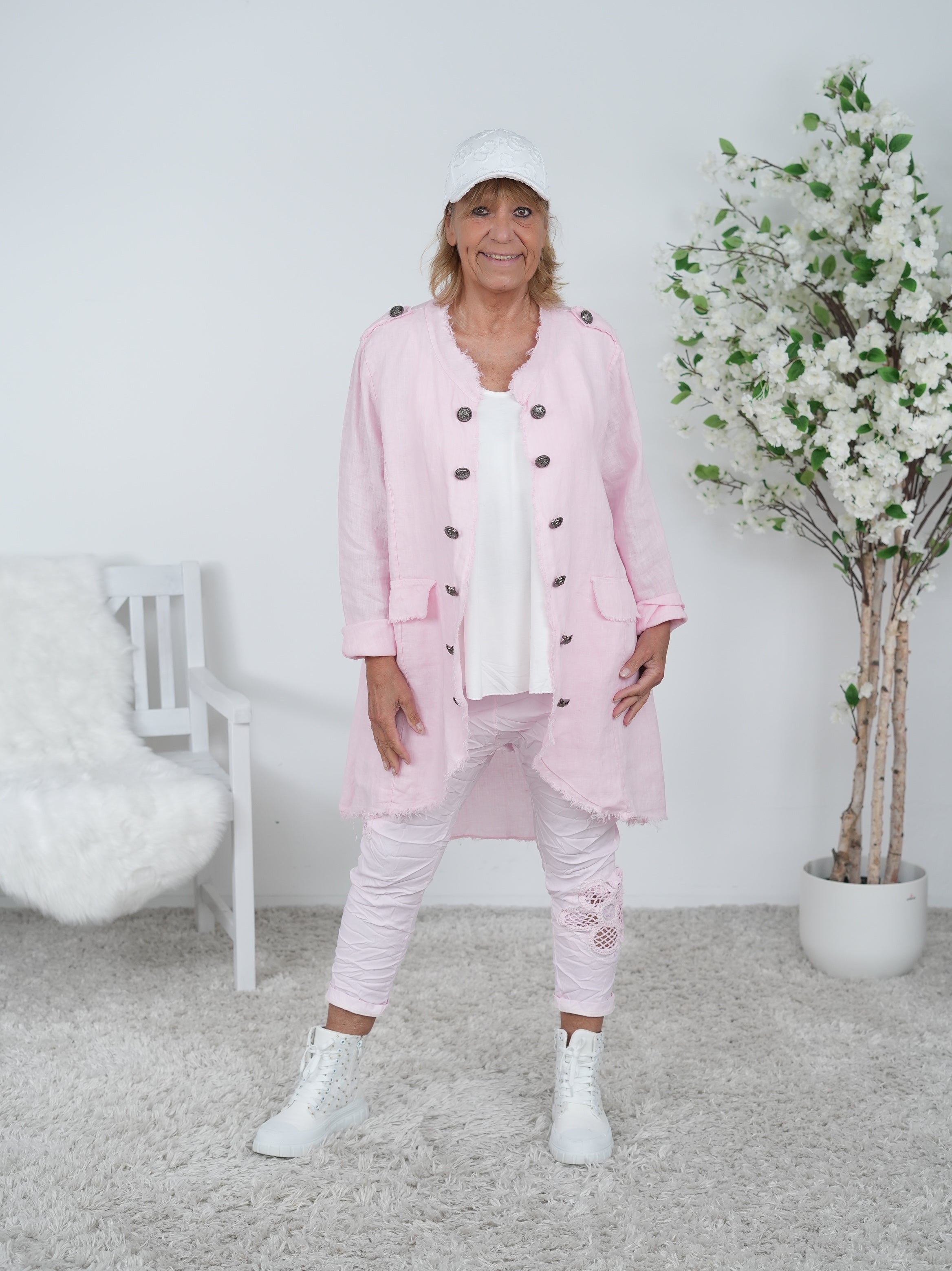 Leinen Cardigan mit auffälligen Knöpfen Einheitsgröße (ca Gr. 40 "oversize"-44) Rosa