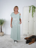 Leinen Kleid mit Cut Outs und Schriftzug Mint