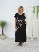 Leinen Kleid mit Cut Outs und Schriftzug Schwarz