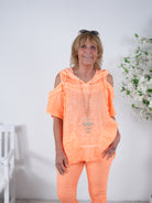 Leinen Oberteil mit Cut-Outs und Kapuze Einheitsgröße (ca Gr. 38-44) Neon Orange
