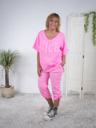 Leinen Shirt mit "Nice" Schriftzug Neon Pink