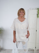 Leinen Shirt mit "Nice" Schriftzug Vanille
