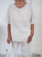 Leinen Shirt mit "Nice" Schriftzug