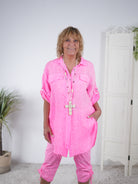 Long Bluse aus Leinen mit Knopfleiste Neon Pink