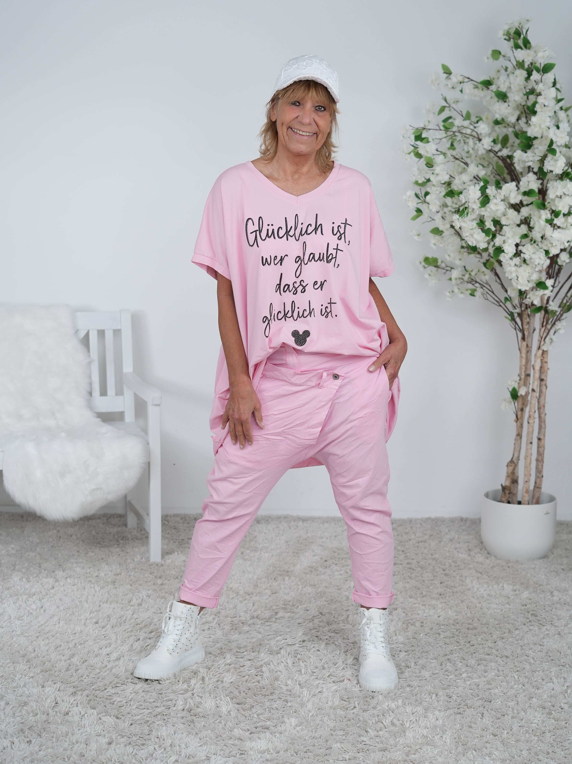 Long Shirt mit V-Ausschnitt und Schriftzug Einheitsgröße (ca Gr. 40 "oversize"-46) Rosa