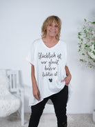 Long Shirt mit V-Ausschnitt und Schriftzug Einheitsgröße (ca Gr. 40 "oversize"-46) Weiß