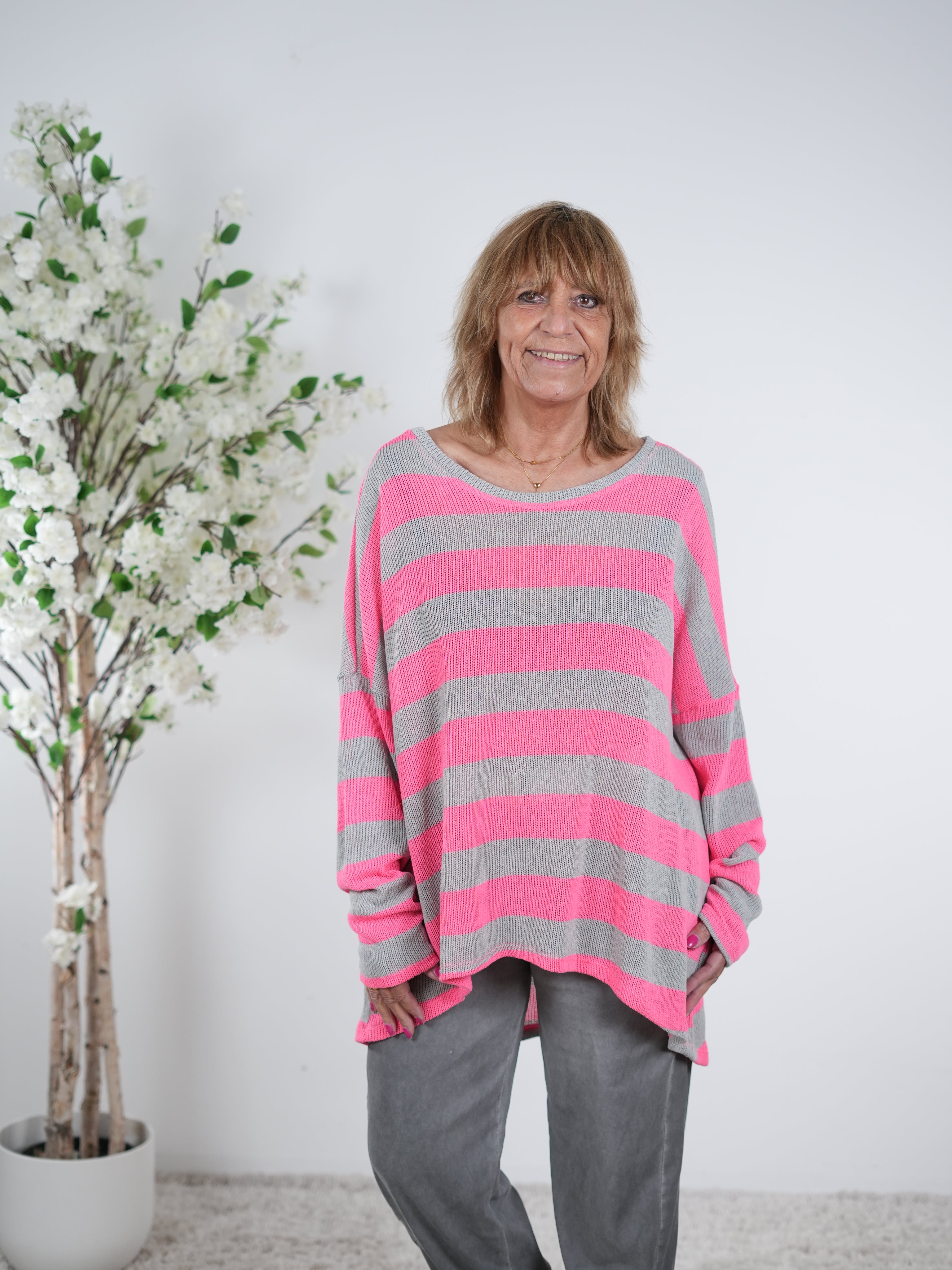 Long Strickpulli mit Rundhalsausschnitt, gestreift