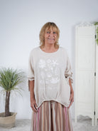Luftige Leinen Bluse mit großem Print Vanille
