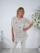 Netz Oberteil mit silbernem Schriftzug Einheitsgröße (ca Gr. 38 "oversize"-46) Beige