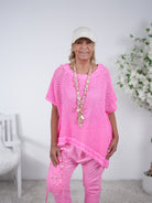 Netz Poncho mit ausgefranztem Abschluss Einheitsgröße (ca Gr. 38 "oversize"-42) Neon Pink