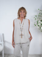 Niedliche Leinen Tops mit V-Ausschnitt Einheitsgröße (ca Größe 38 40-44) Beige