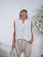 Niedliche Leinen Tops mit V-Ausschnitt Einheitsgröße (ca Größe 38 40-44) Weiß