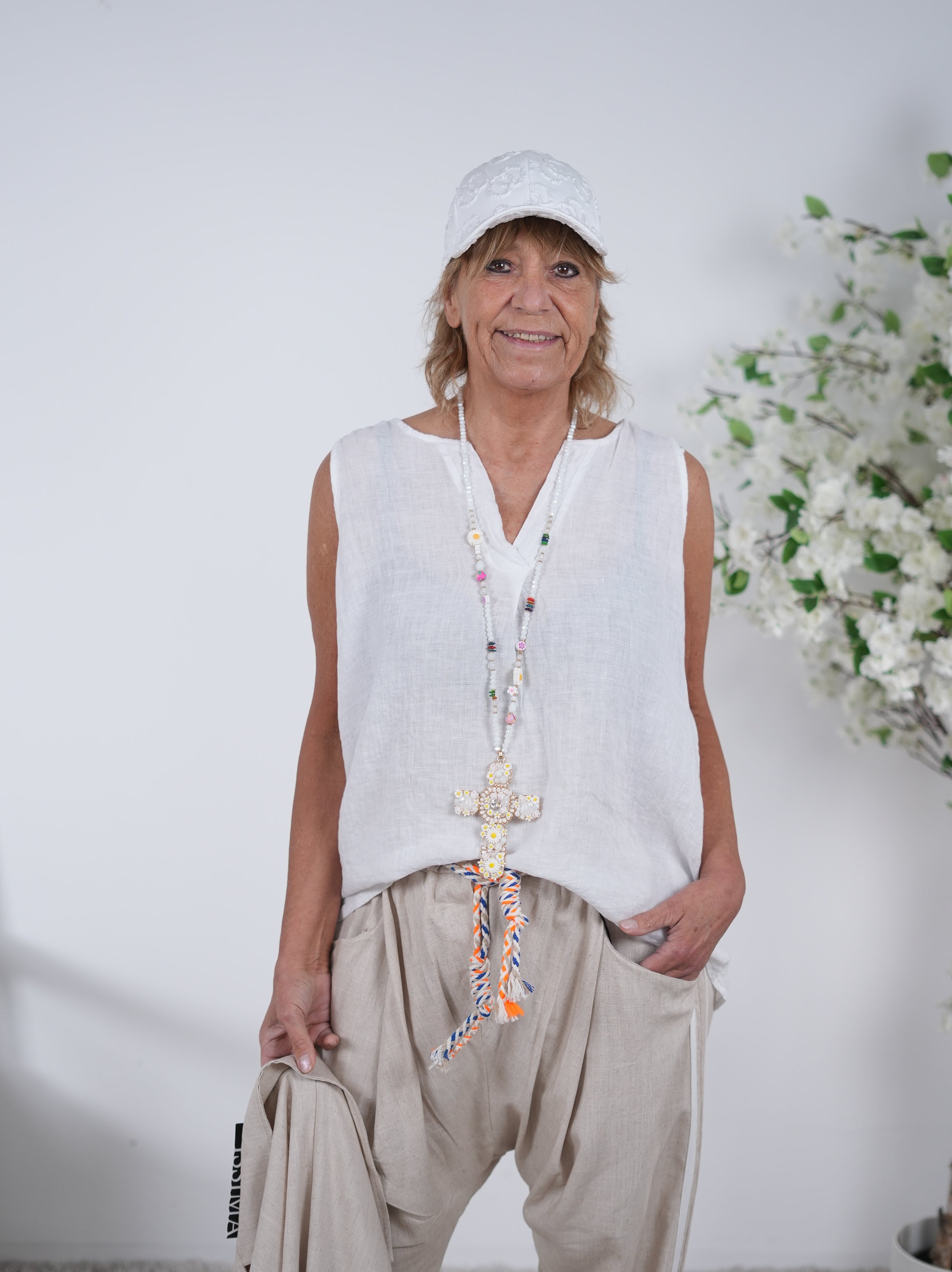 Niedliche Leinen Tops mit V-Ausschnitt Einheitsgröße (ca Größe 38 40-44) Weiß