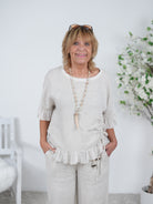 Niedliches Leinen Shirt mit Raffung Einheitsgröße (ca Gr. 38 "oversize"-42) Vanille