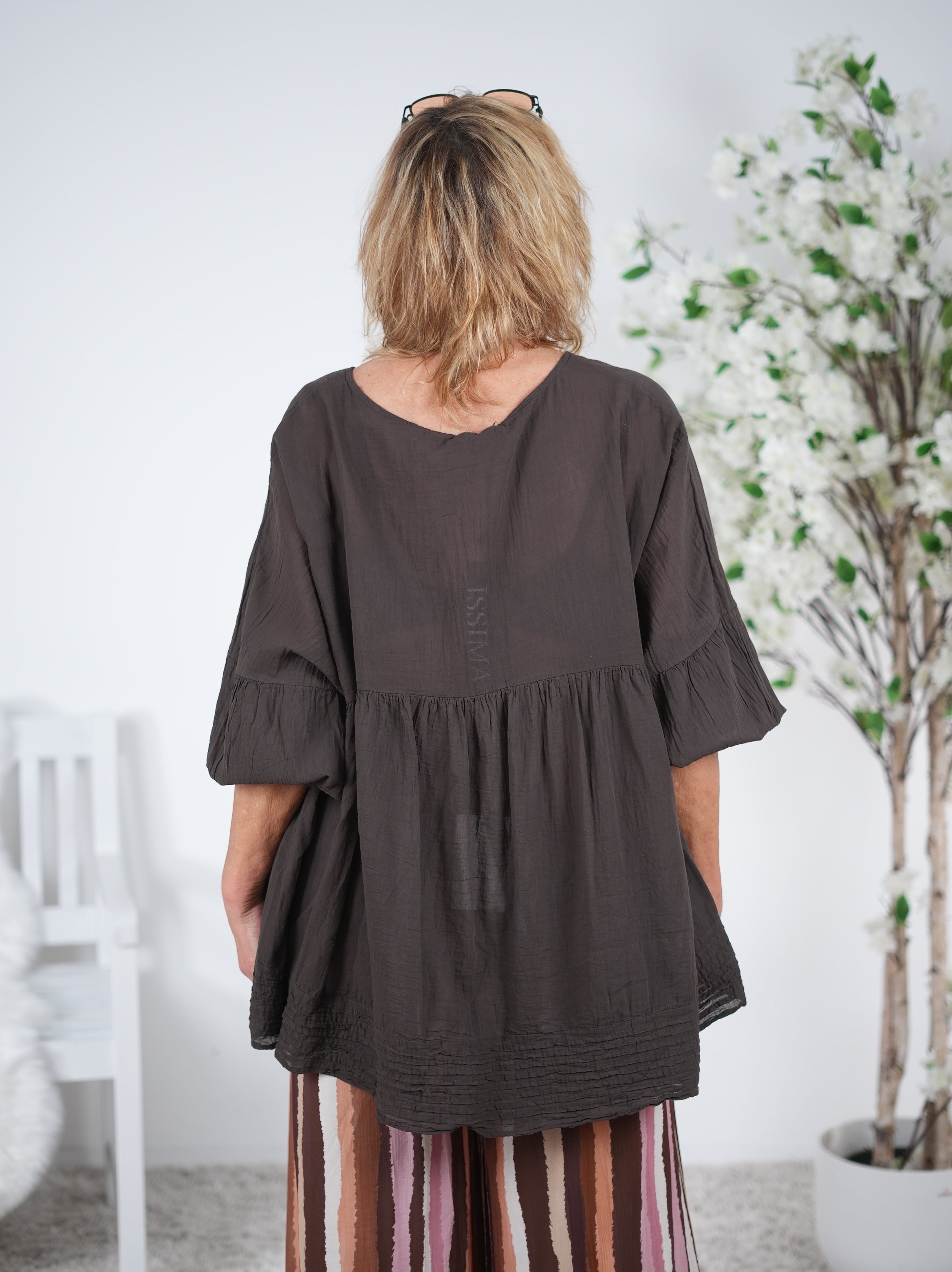 oversize Baumwoll-Bluse mit V-Ausschnitt