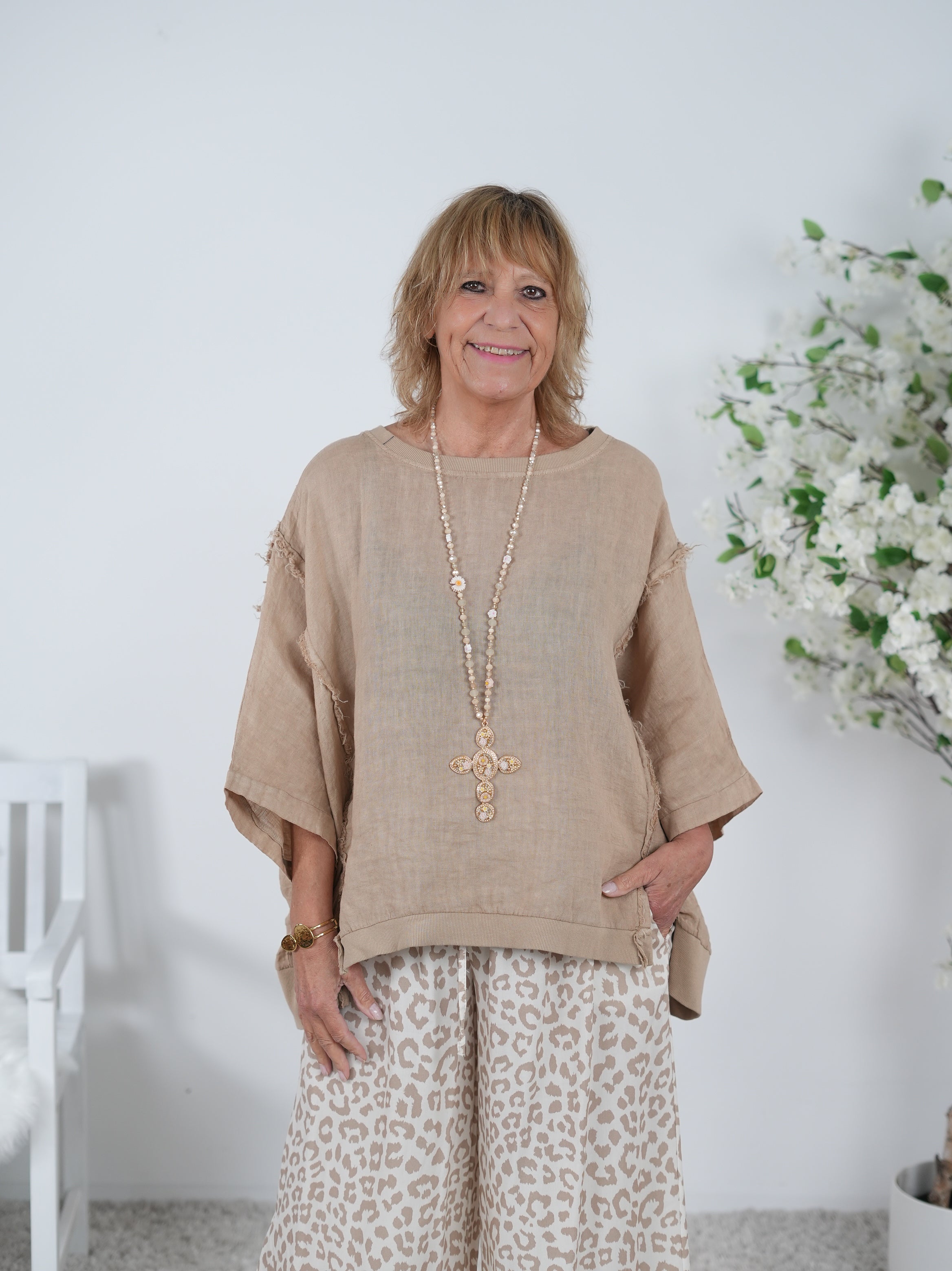 oversize Leinen Shirt mit Außennaht Einheitsgröße (ca Gr. 40"oversize"-46) Camel