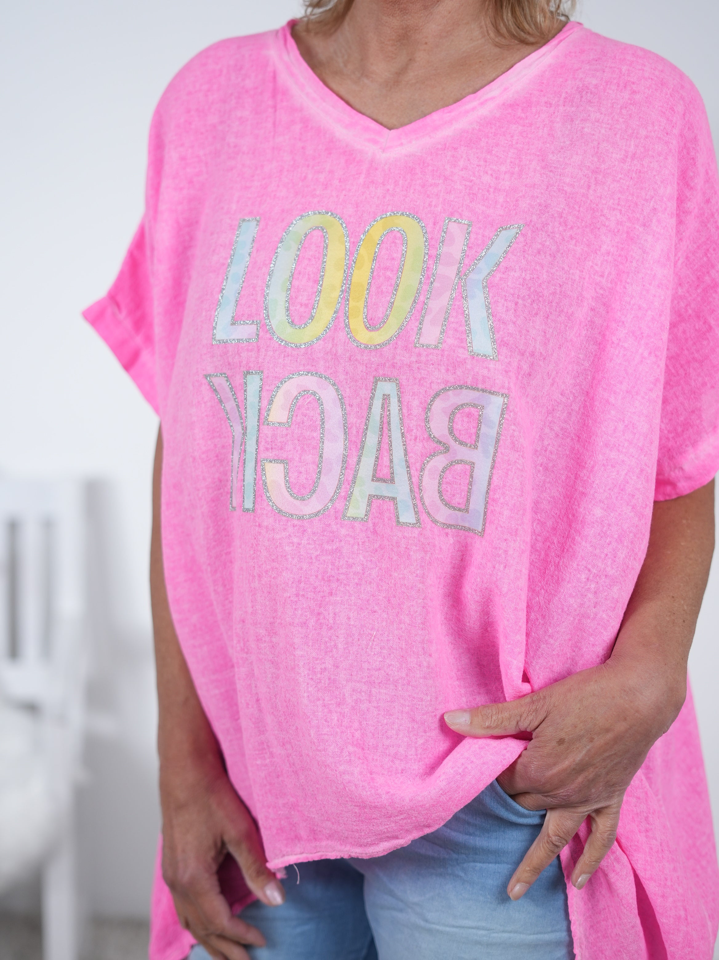 oversize Leinen Shirt mit Schriftzug "Look Back"