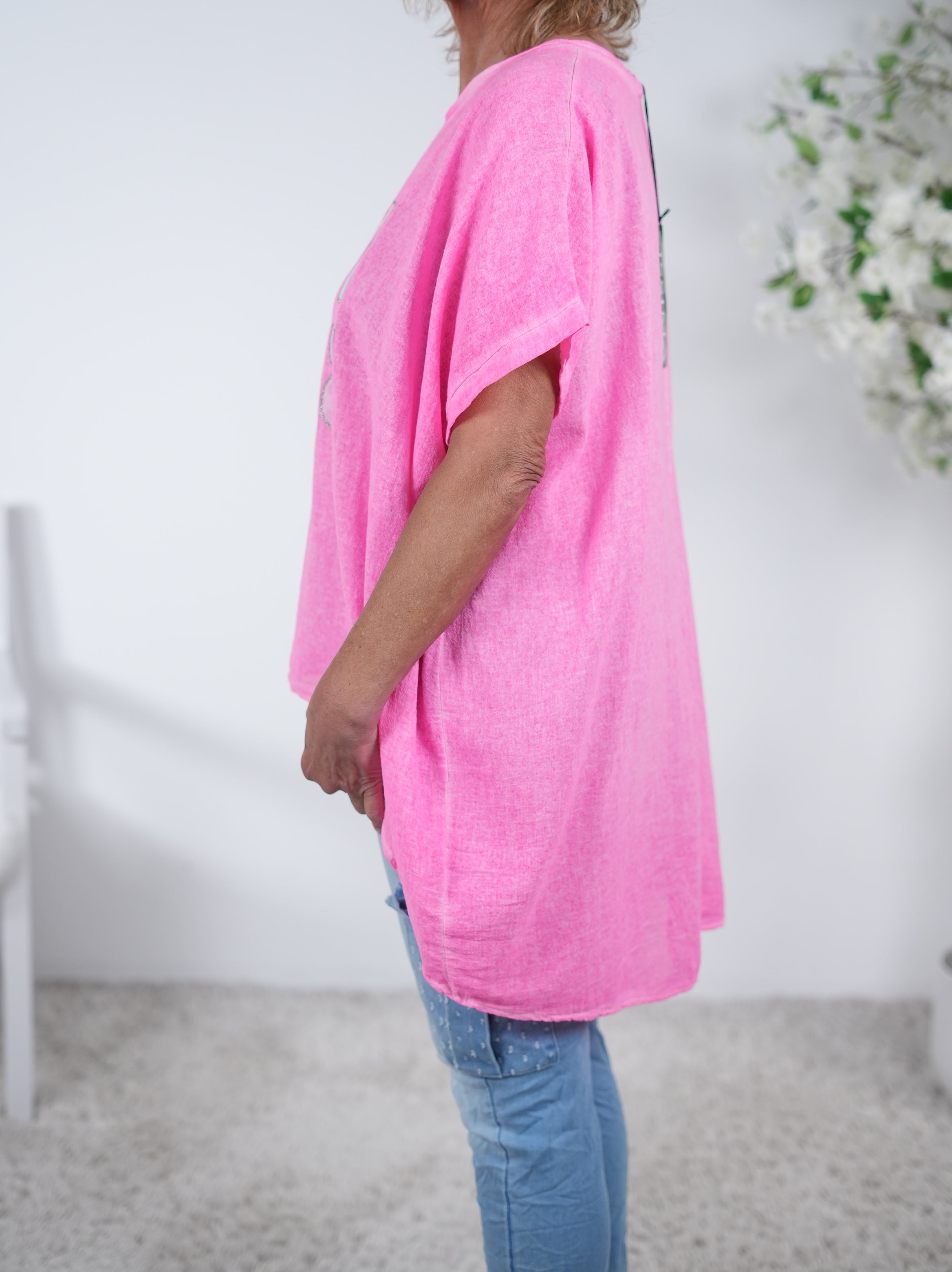 oversize Leinen Shirt mit Schriftzug "Look Back"