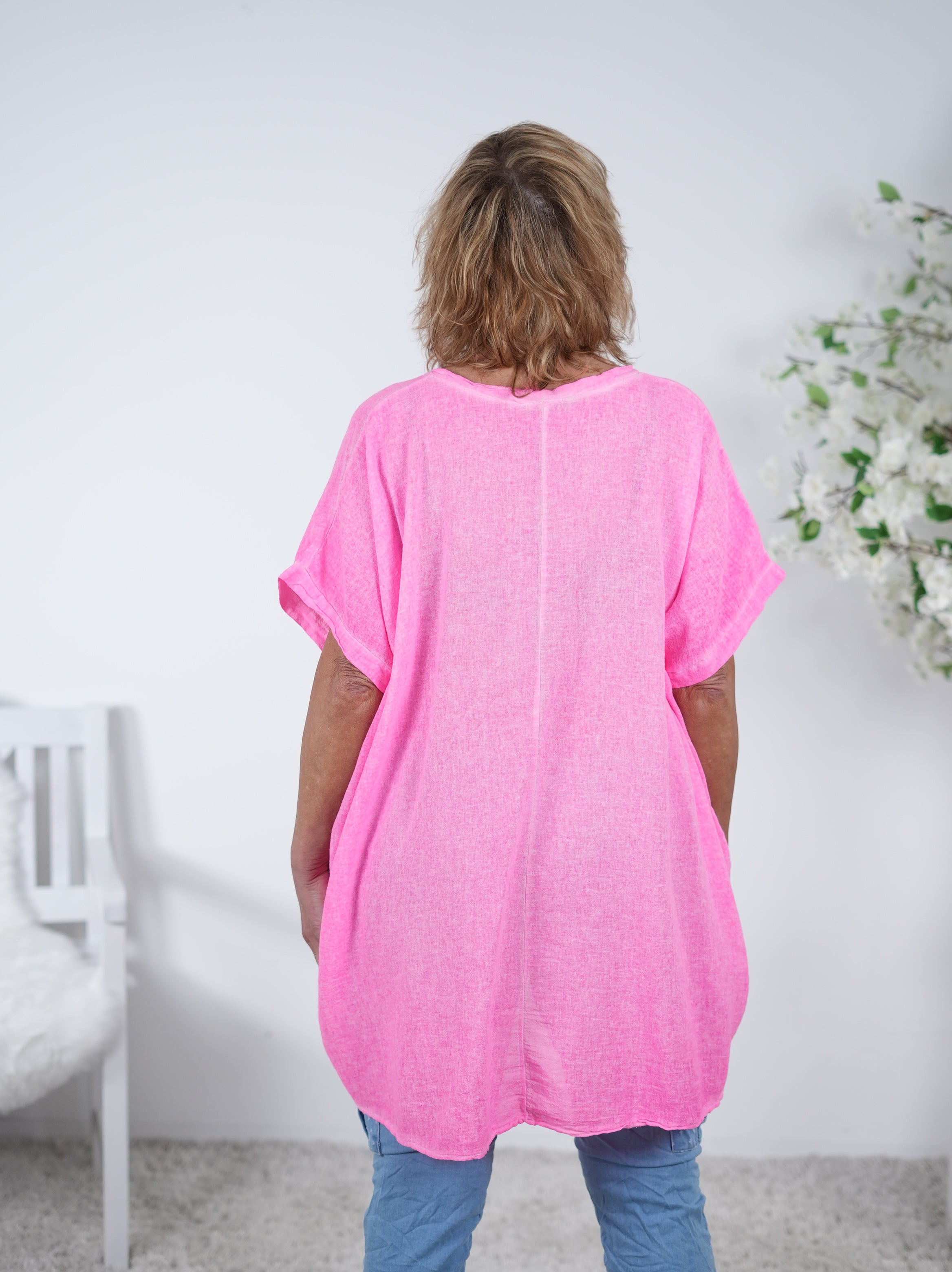 oversize Leinen Shirt mit Schriftzug "Look Back"