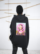 Schwarzes Oversize-Sweatshirt mit neonpinkem Mona-Lisa-Aufdruck auf dem Rücken