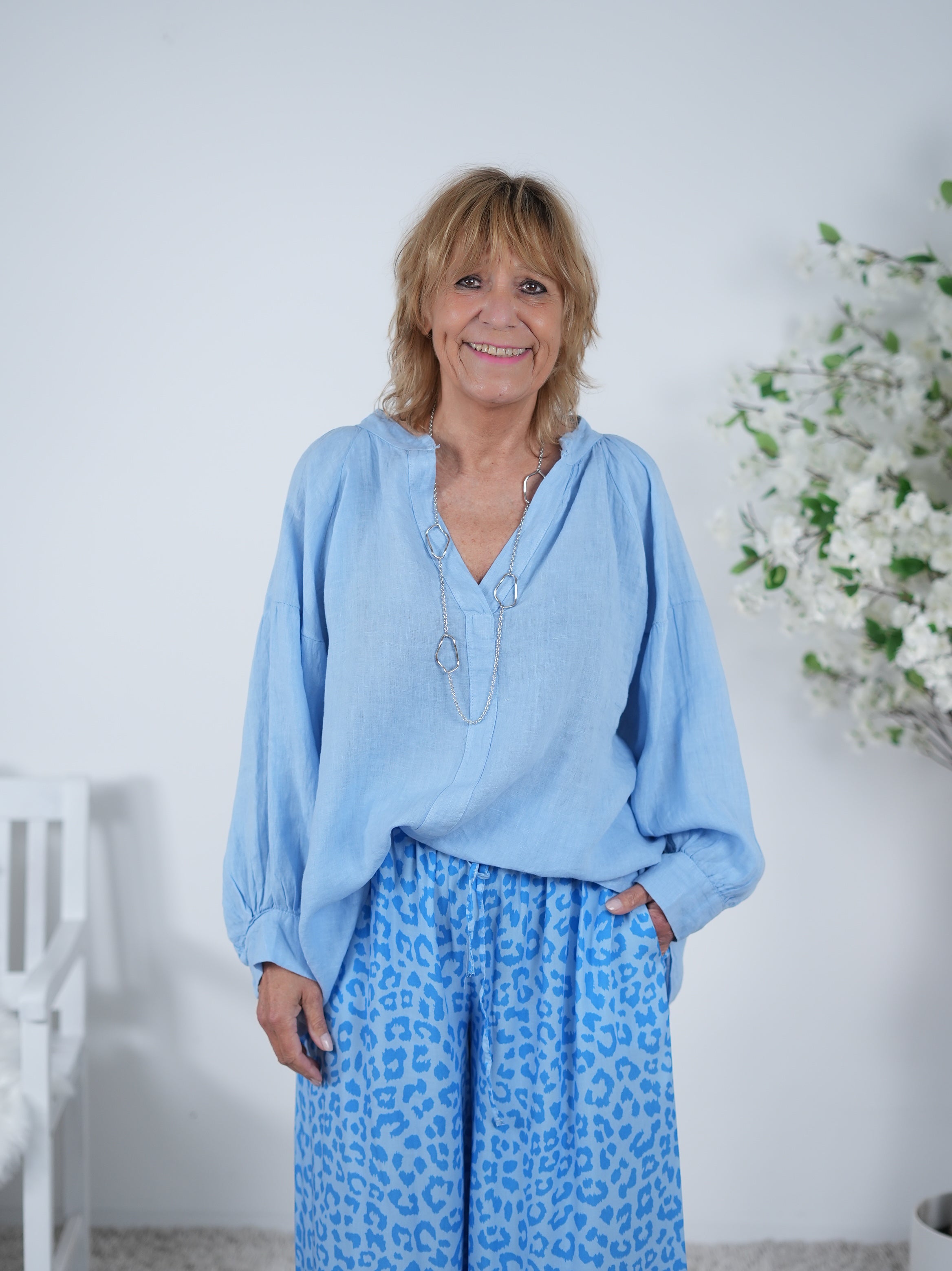 Piratenbluse aus Leinen Einheitsgröße (ca Gr. 40 42 "oversize"-46) Blau