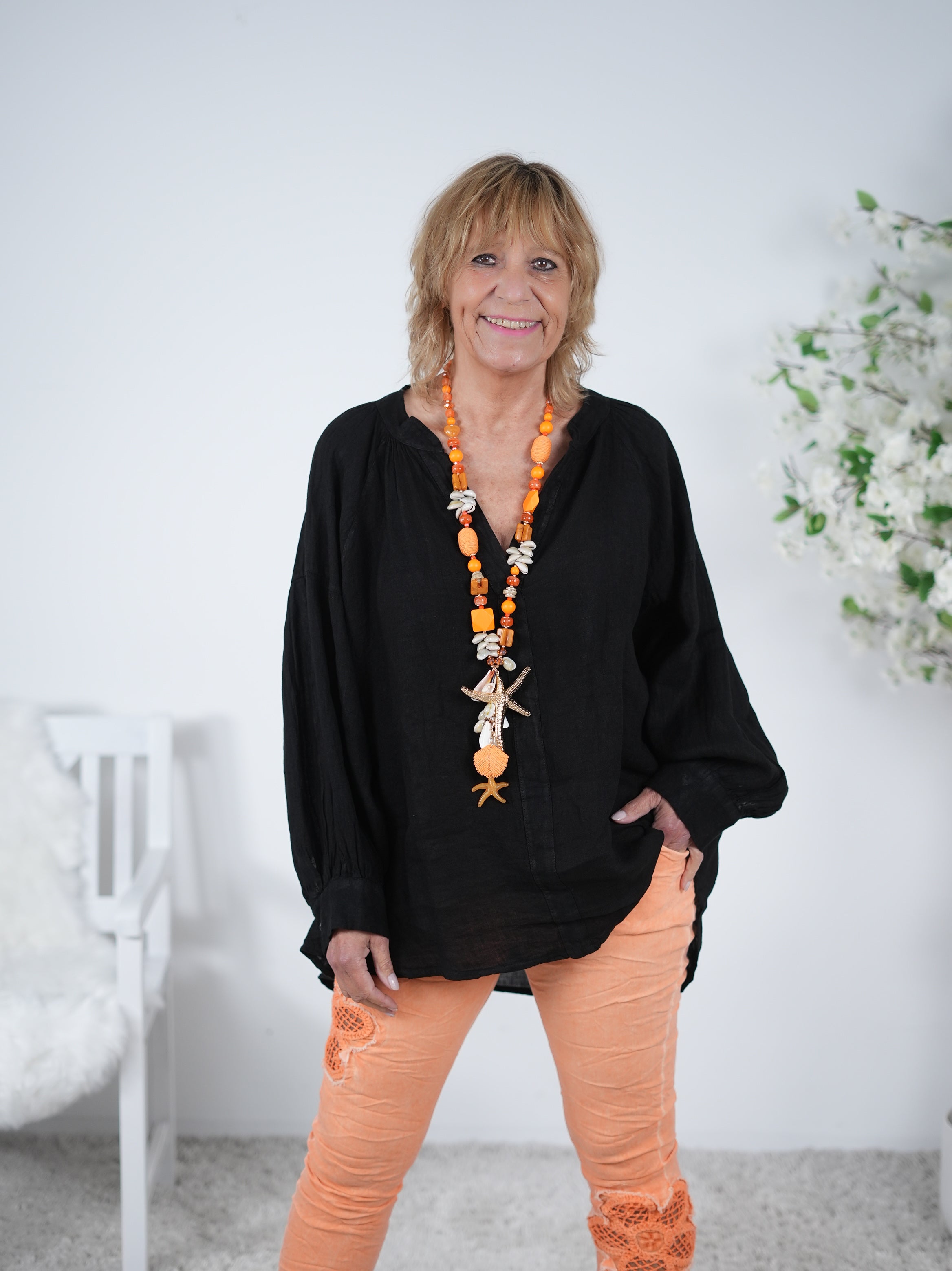 Piratenbluse aus Leinen Einheitsgröße (ca Gr. 40 42 "oversize"-46) Schwarz