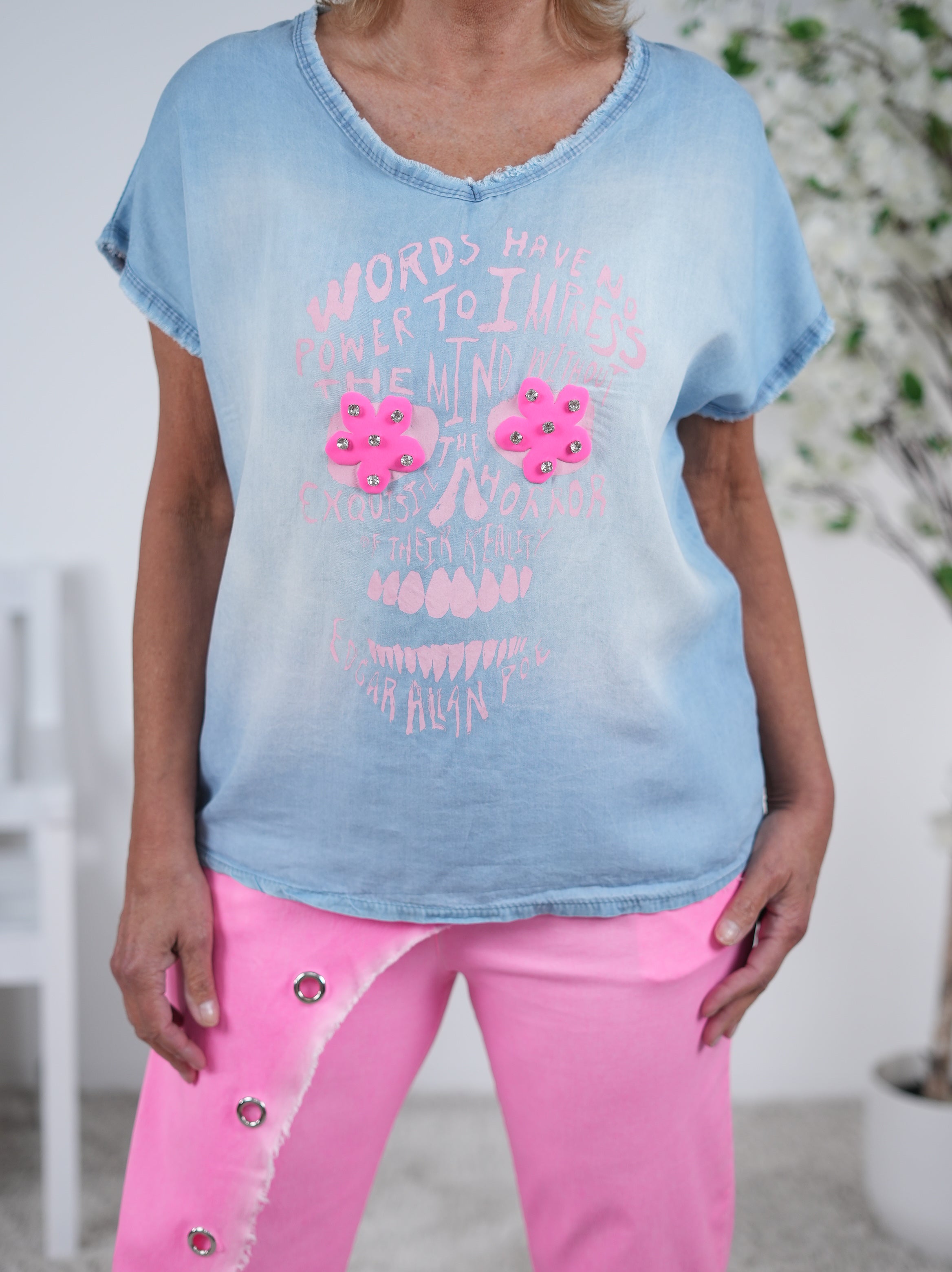Shirt im Jeans Look mit pinken Details