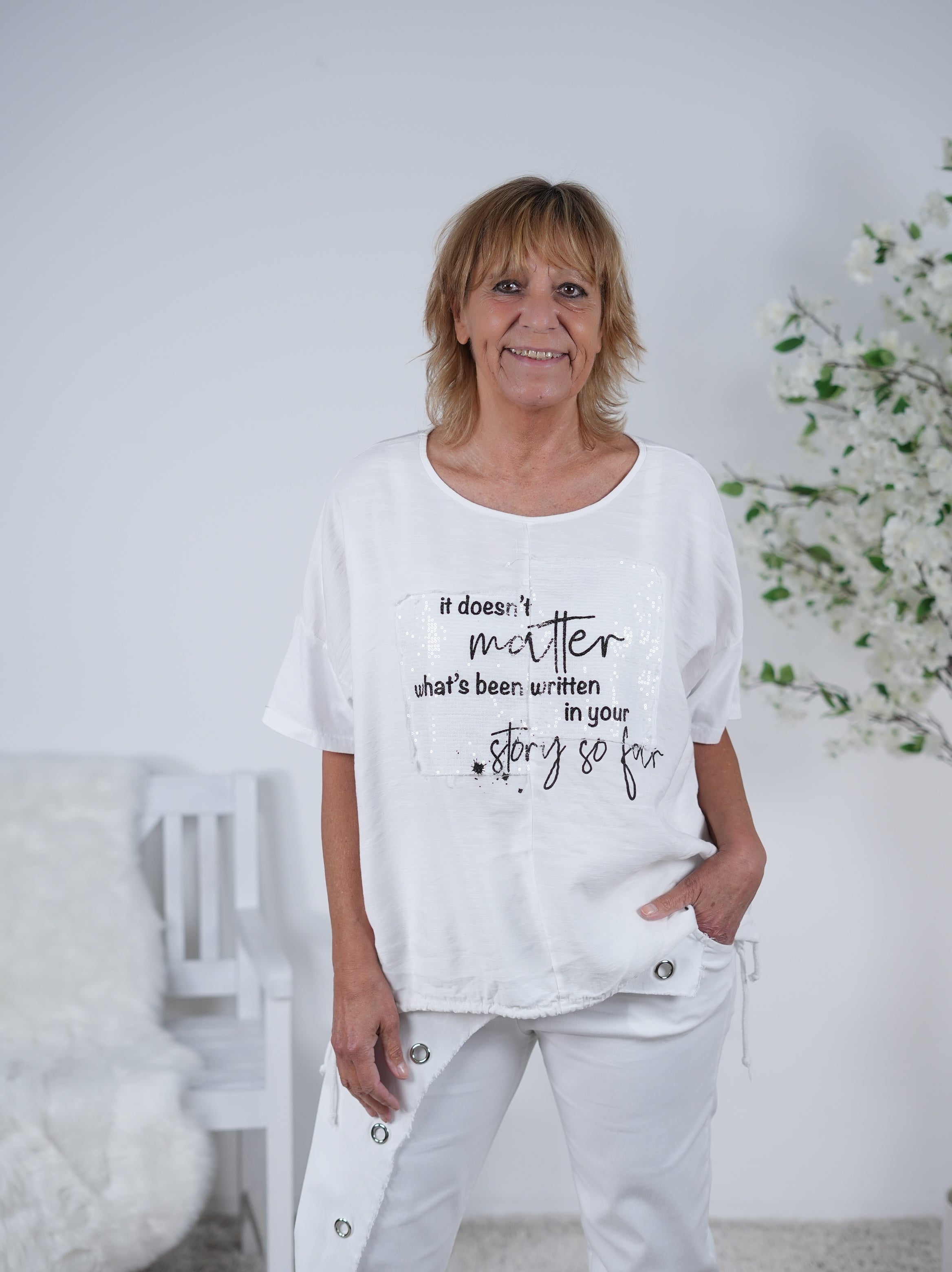 Shirt im Materialmix mit Schriftzug Weiß