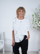 Shirt mit Rundhalsausschnitt und Ketten verziert Einheitsgröße (ca Gr. 40 "oversize"-44) Weiß