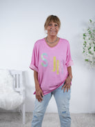 Shirt mit "sun" Schriftzug, meliert One Size (ca Gr. 40 "oversize"-46) Pink