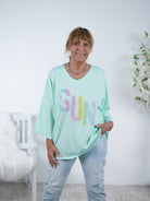 Shirt mit "sun" Schriftzug, meliert One Size (ca Gr. 40 "oversize"-46) Türkis