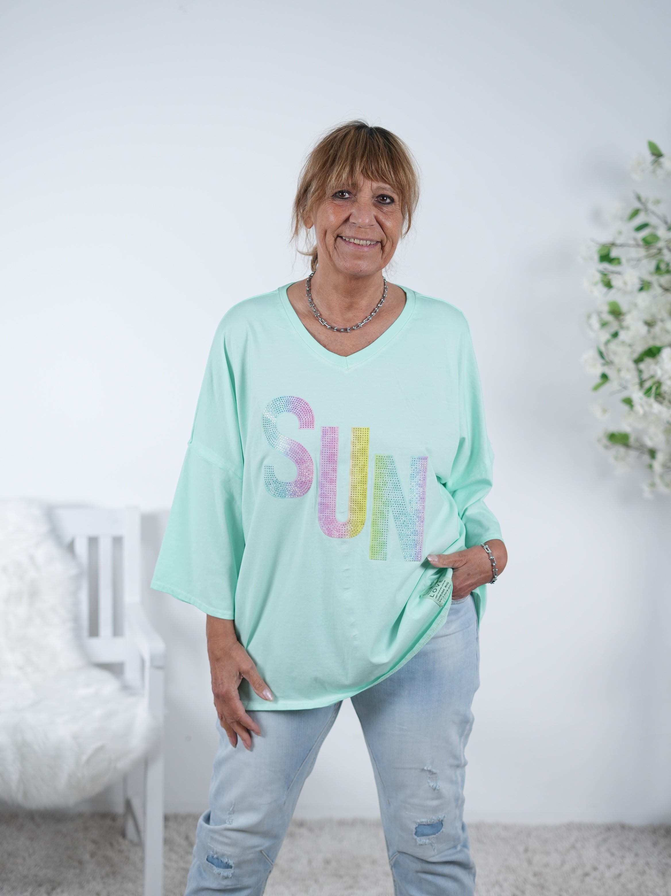 Shirt mit "sun" Schriftzug, meliert One Size (ca Gr. 40 "oversize"-46) Türkis