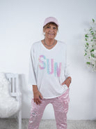 Shirt mit "sun" Schriftzug, meliert One Size (ca Gr. 40 "oversize"-46) Weiß