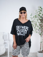 Shirt mit überschnittenem Arm, Statement Schriftzug und V-Ausschnitt
