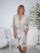 Süße Leinen Bluse mit Ärmeln aus Spitze Beige