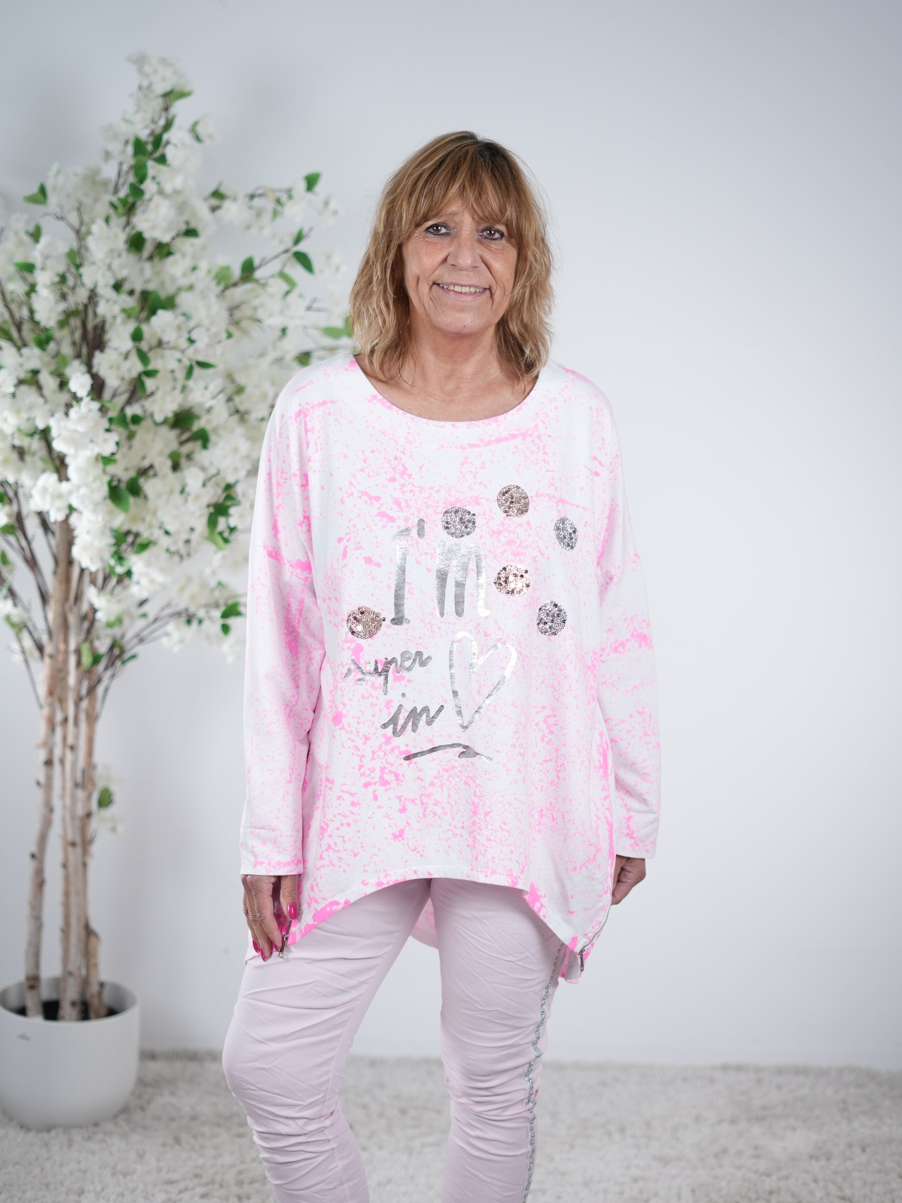 Sweaty im Batik Design und großem Rundhalsausschnitt One Size (ca Gr 40 "oversize"-46) Weiß Pink