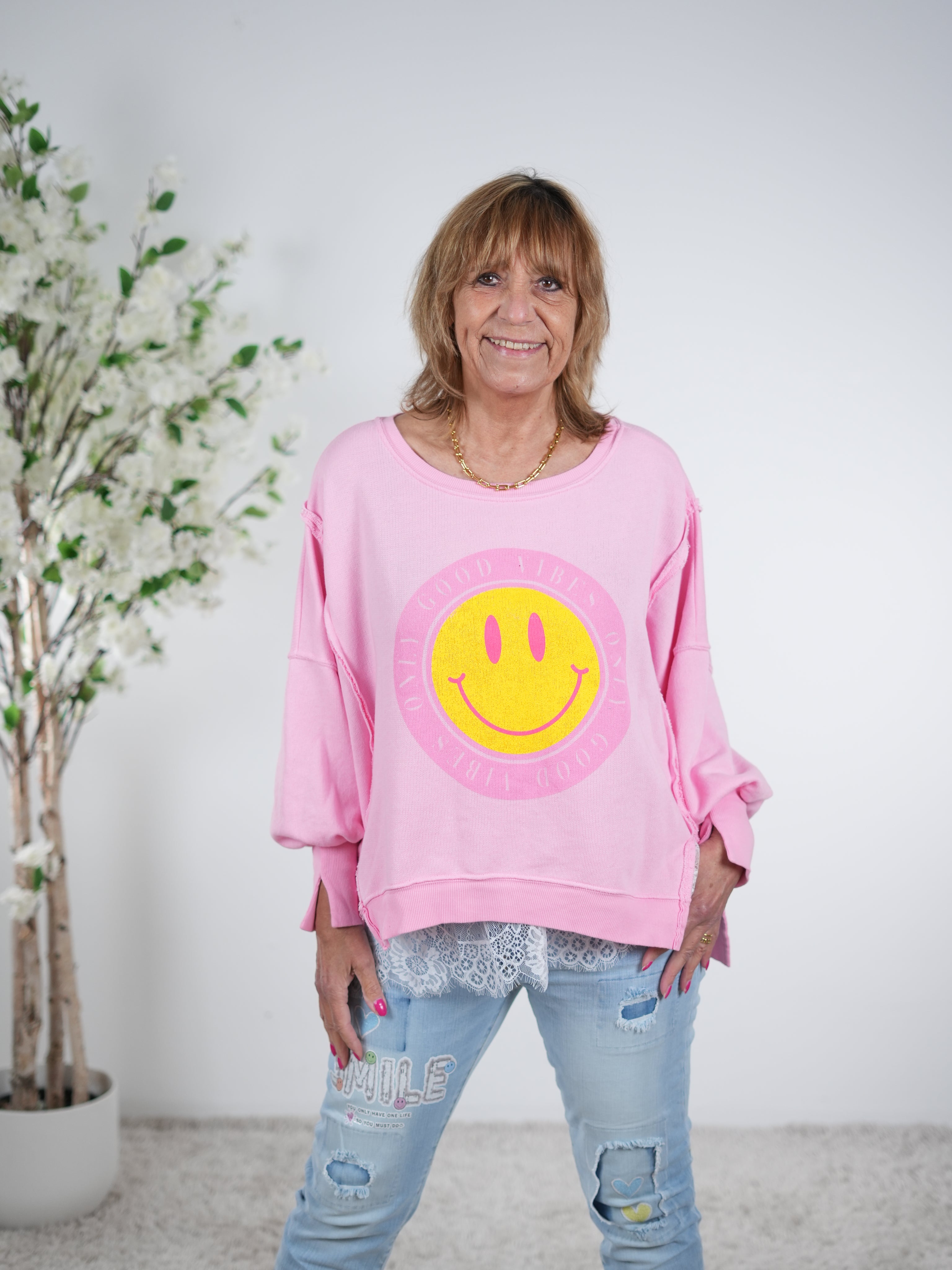 Sweaty mit großem Smiley Print und Rundhalsausschnitt One Size (ca Gr. 38-42 44) Pink