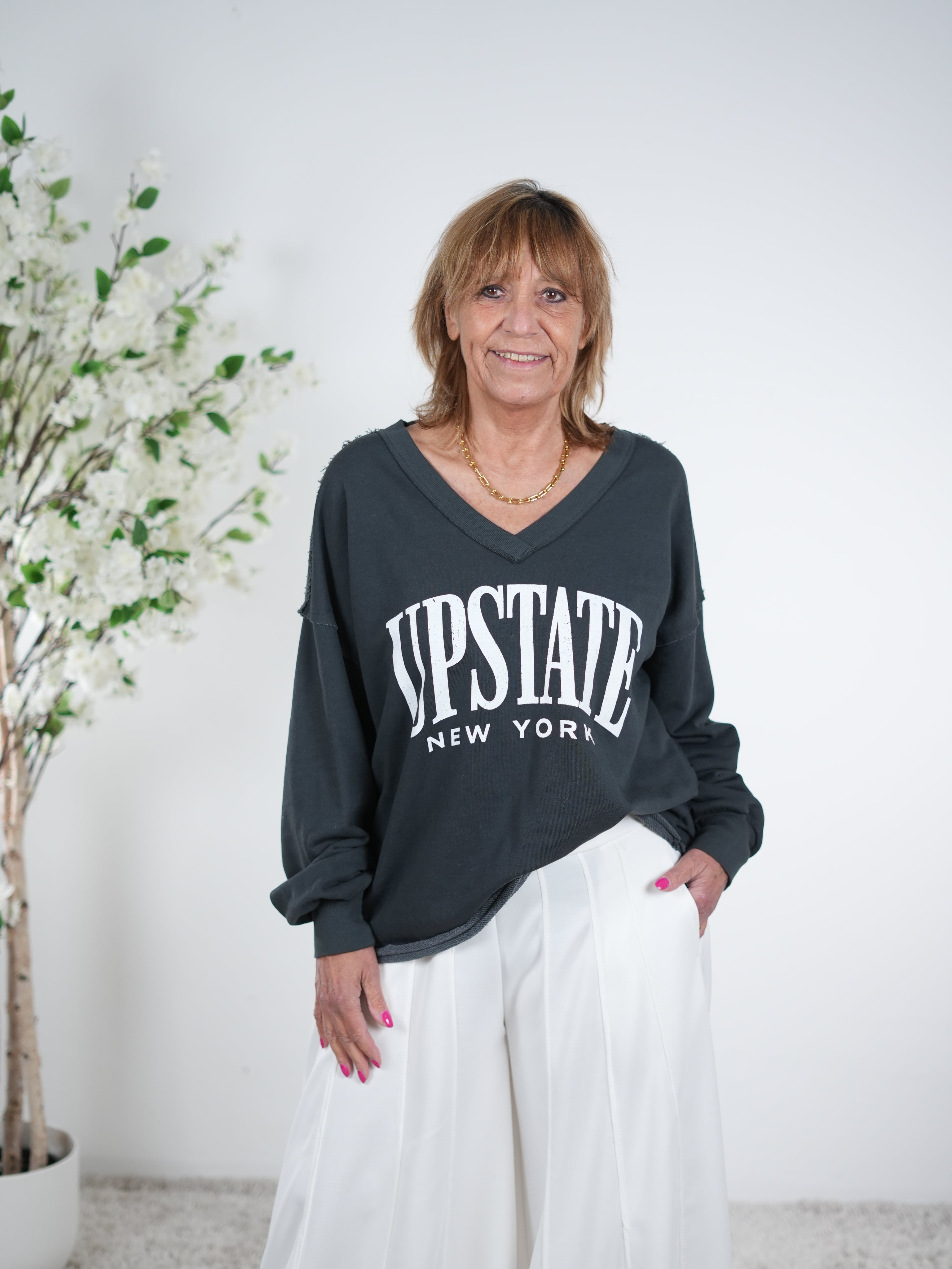 Sweaty mit V-Ausschnitt und Linksnähte One Size (ca Gr. 38 "oversize"-44) Anthrazit