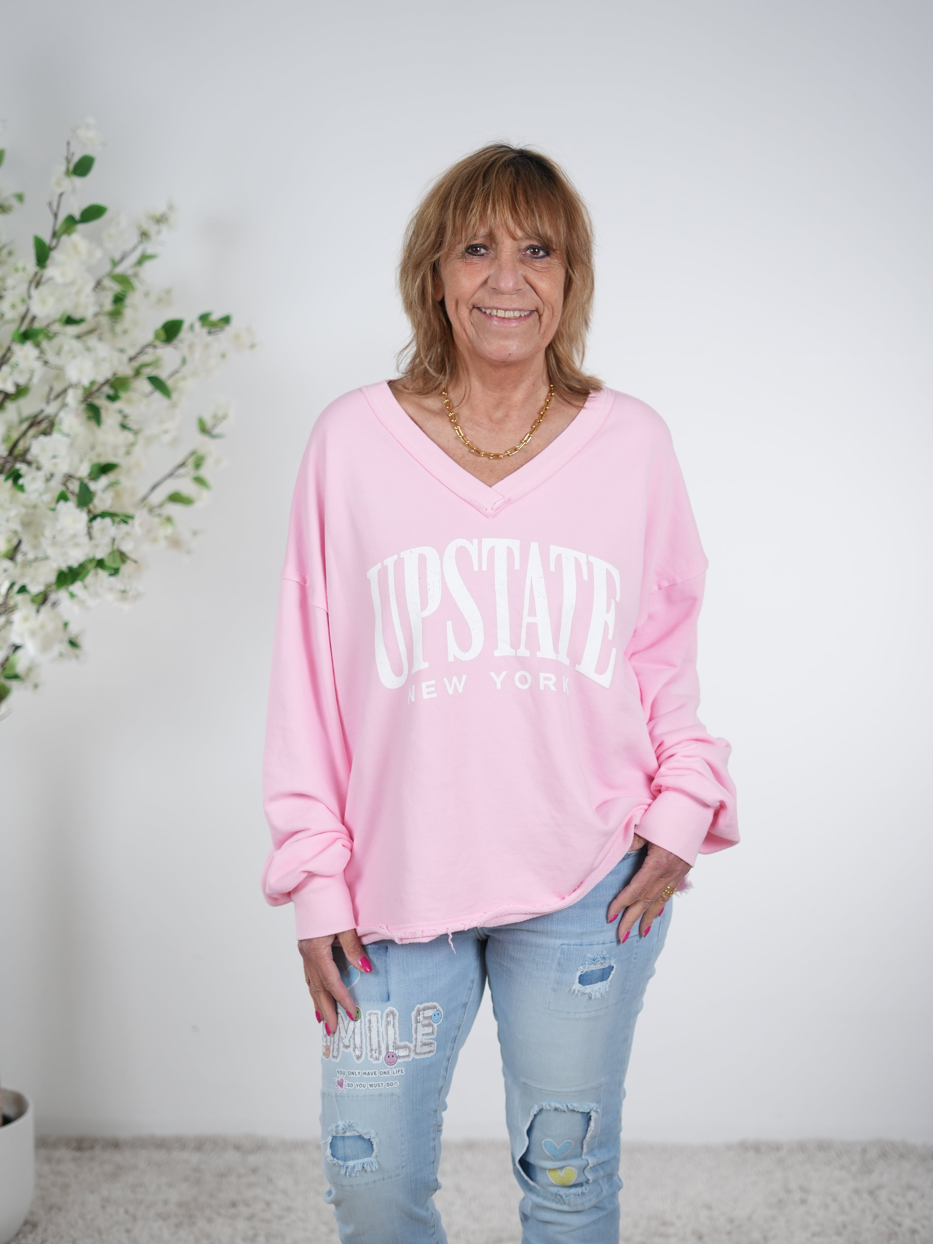 Sweaty mit V-Ausschnitt und Linksärmeln One Size (ca Gr. 38 "oversize"-44) Rosa