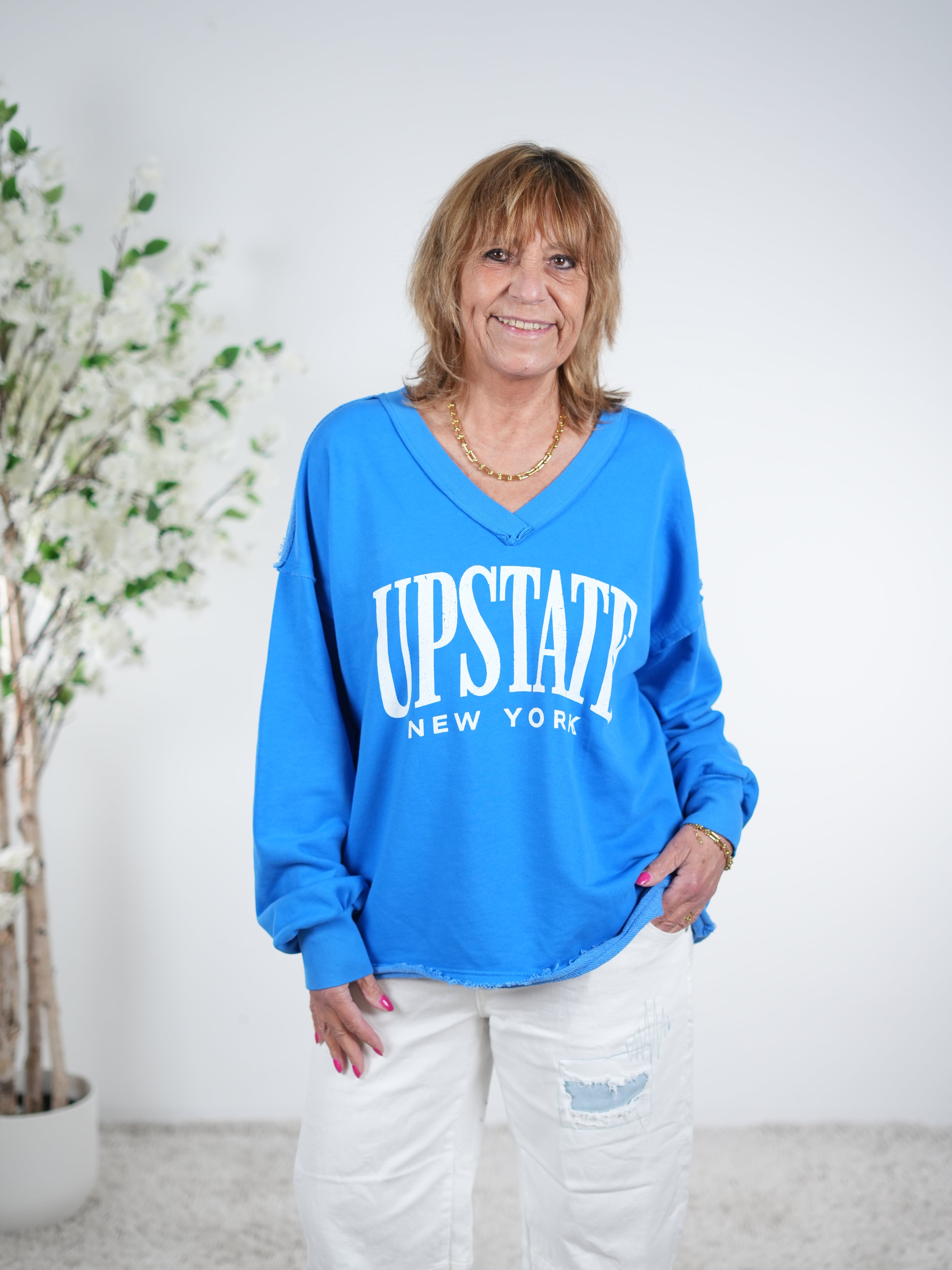 Sweaty mit V-Ausschnitt und Linksnähte One Size (ca Gr. 38 "oversize"-44) Royalblau