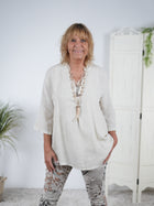 unifarbene Leinen Bluse mit V-Ausschnitt