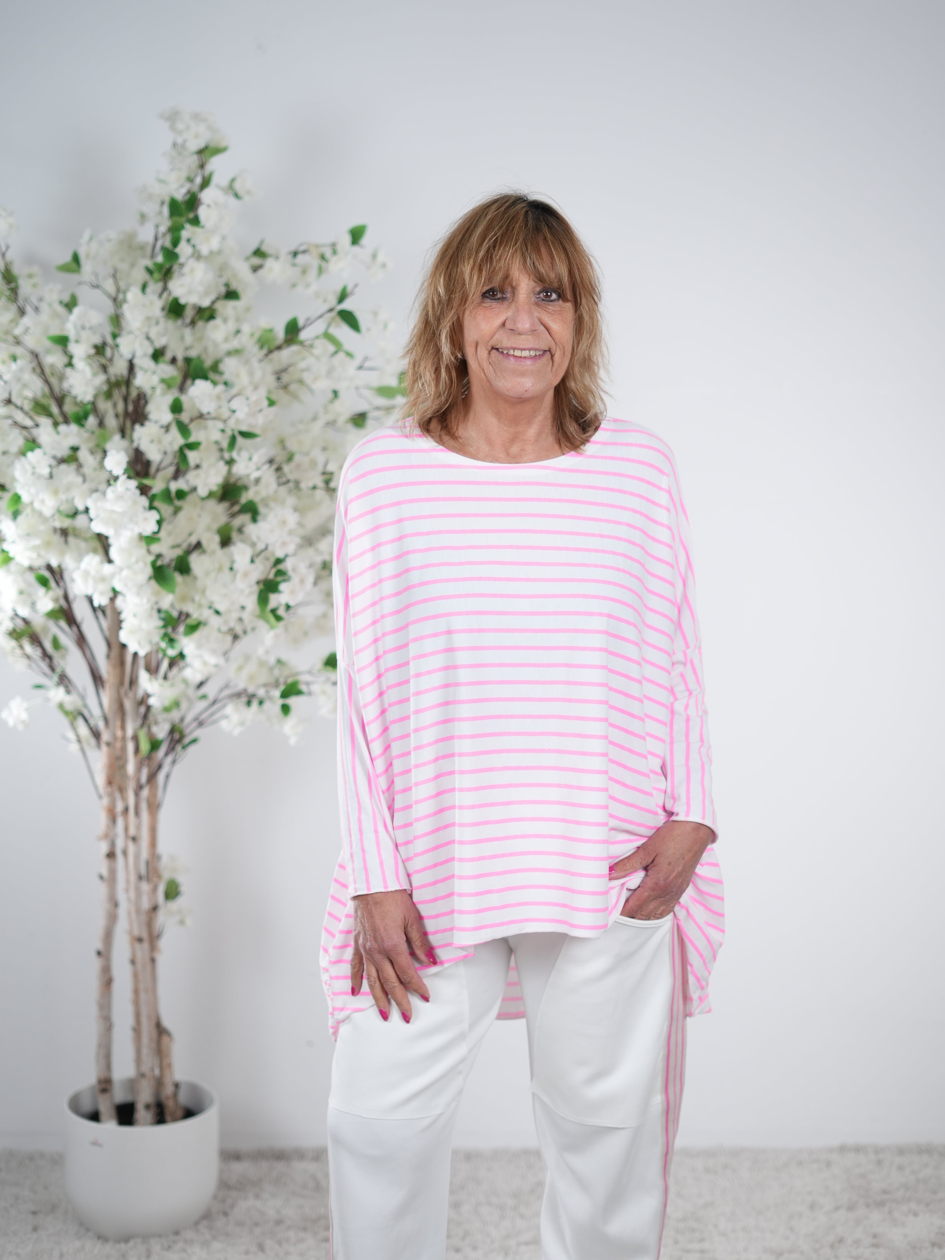 Vokuhila Shirt, langarm One Size (ca Größe 40 "oversize"-48) Pink Weiß