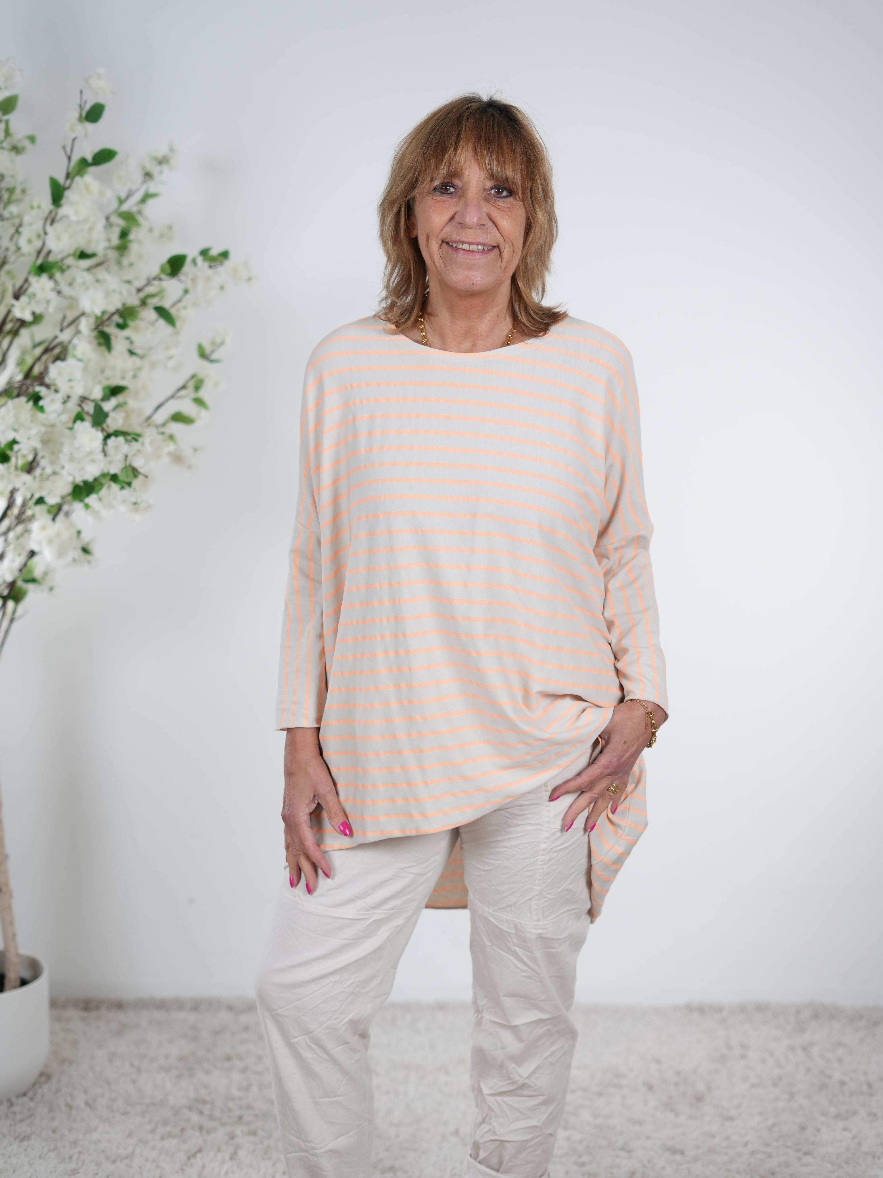 Vokuhila Shirt, langarm One Size (ca Größe 40 "oversize"-48) Beige Apricot