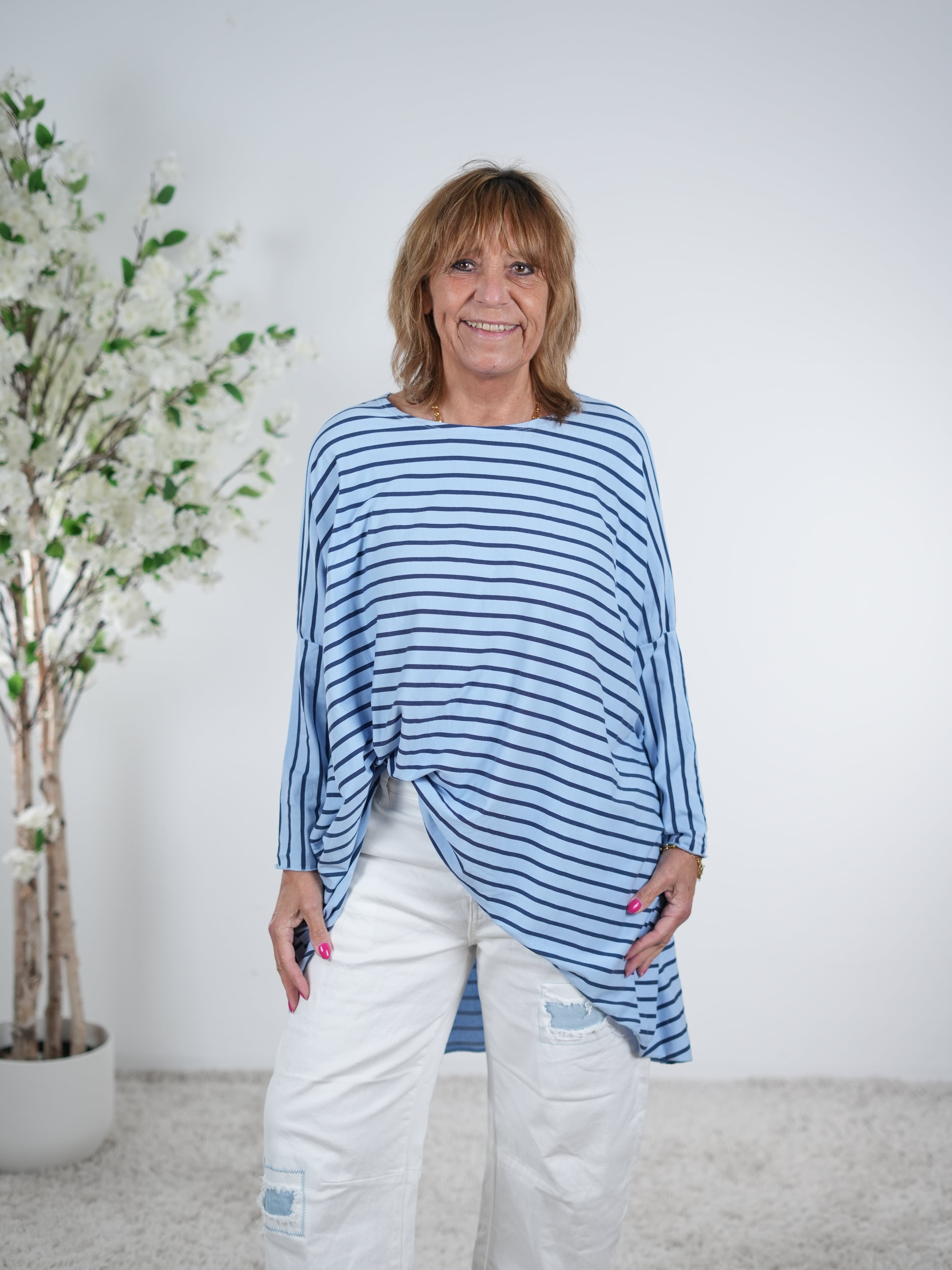 Vokuhila Shirt, langarm One Size (ca Größe 40 "oversize"-48) Hellblau Dunkelblau