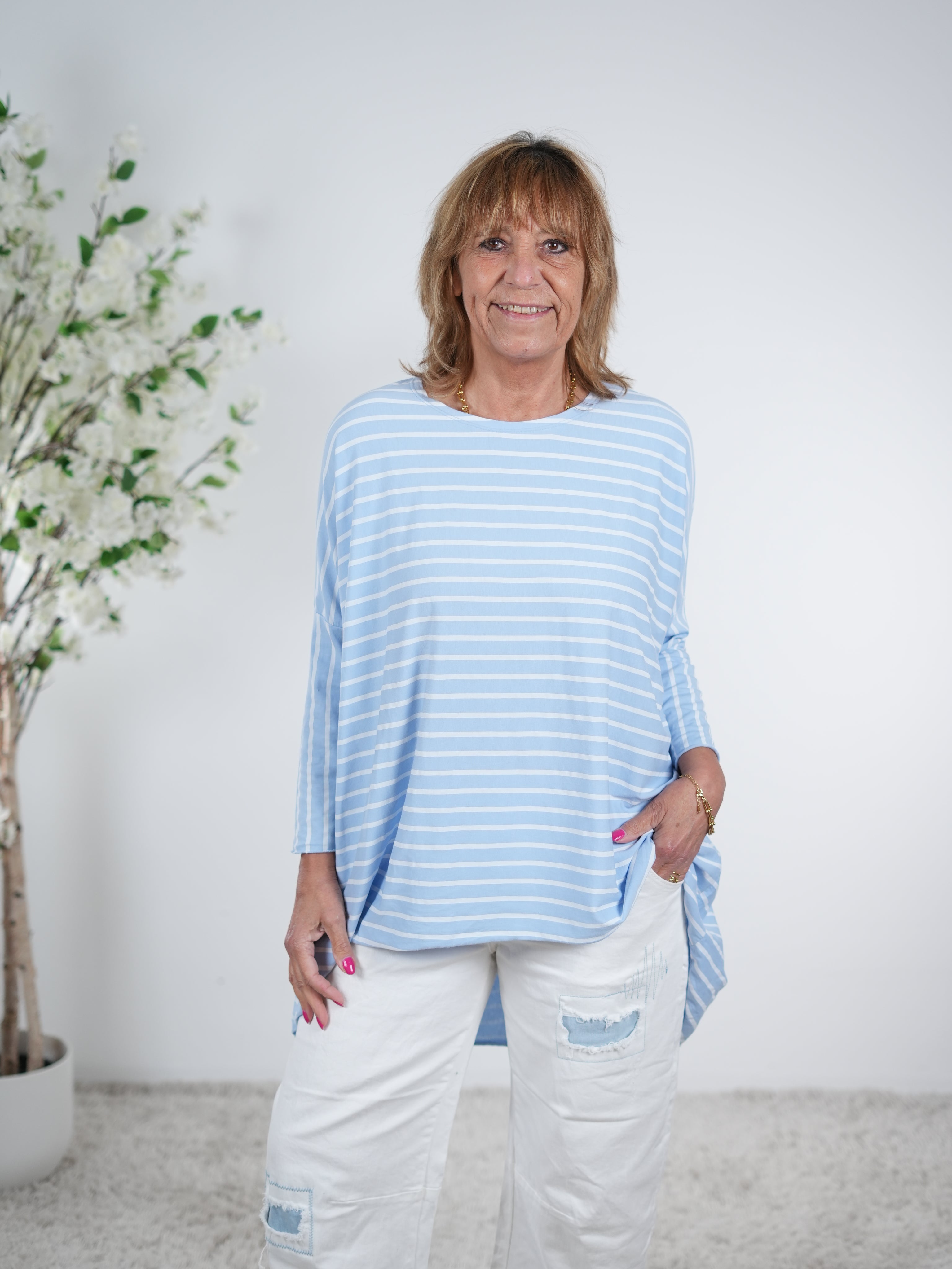 Vokuhila Shirt, langarm One Size (ca Größe 40 "oversize"-48) Hellblau Weiß